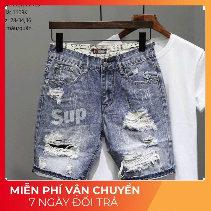 quần short jean nam xanh rách in chữ đẹp cá tính thời trang