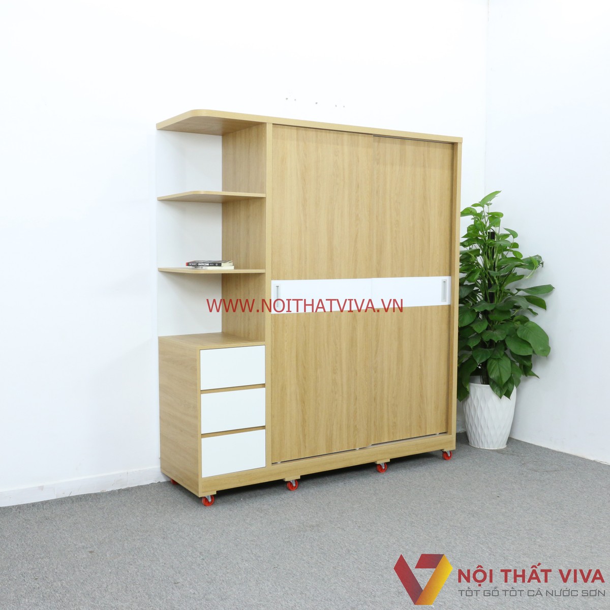 Tủ Áo Cửa Lùa Gỗ MDF Có Kệ Trang Trí Màu Vàng Vân Gỗ Chỉ Trắng Đẹp