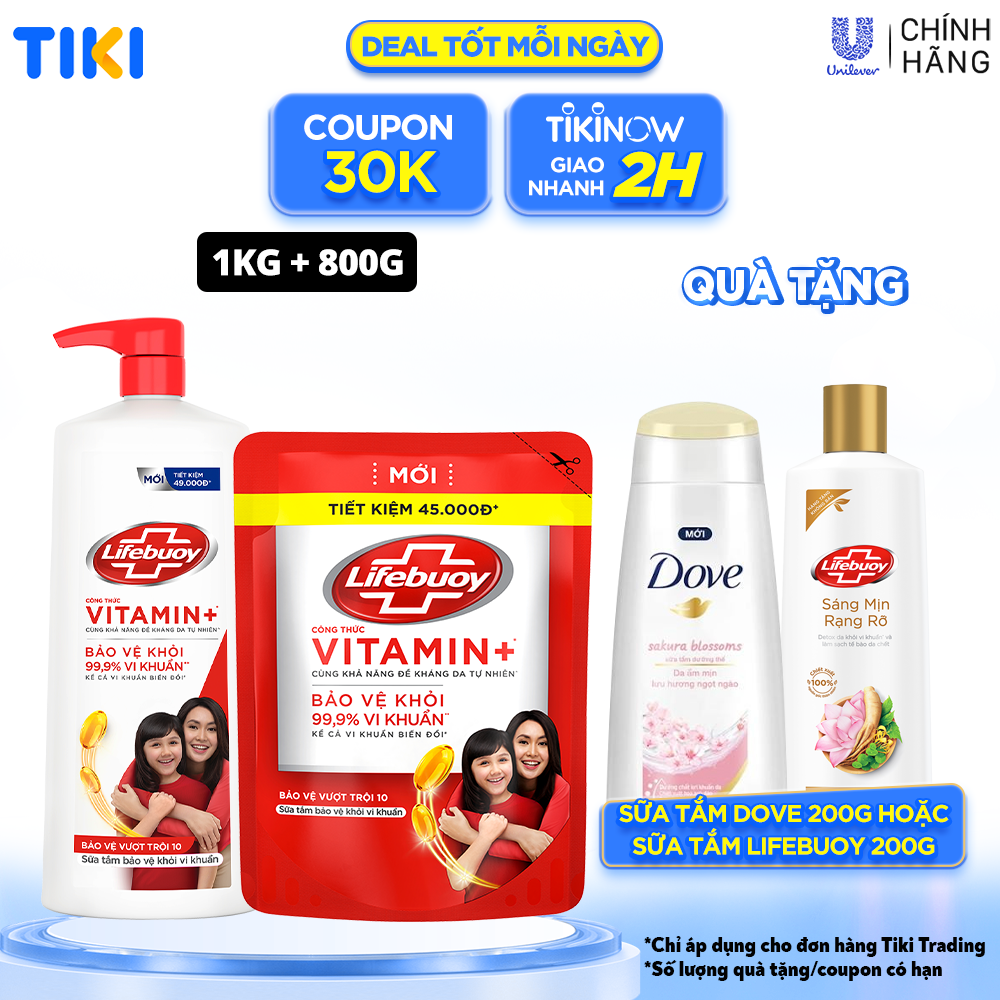 Combo Sữa Tắm Lifebuoy Sạch Khuẩn Bảo Vệ Khỏi 99.9% Vi Khuẩn Chứa Ion Bạc+ Hỗ Trợ Cùng Đề Kháng Da Tự Nhiên Chai 1KG + Túi 800G