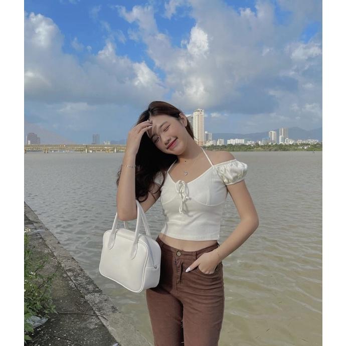 SET ÁO CROPTOP TRẮNG + QUẦN SUÔNG NÂU
