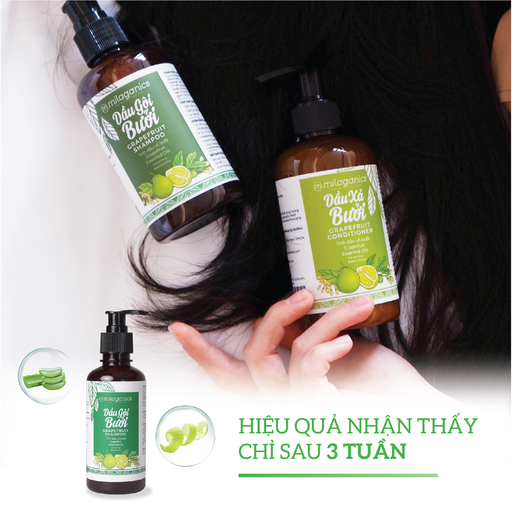 Bộ 4 Sản Phẩm Kích Thích Mọc Tóc Từ Tinh Dầu Bưởi: Dầu Gội, Dầu Xả, Kem Ủ &amp; Serum Bưởi MILAGANICS (850ml/ Bộ)