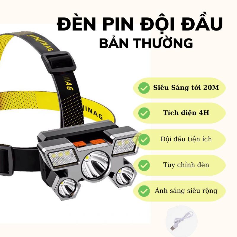 Đèn pin đeo đầu 5 bóng siêu sáng dùng pin sạc, Đèn Pin Đội Đầu 5 Bóng Led Siêu Sáng, Chống Nước Kèm Dây Sạc ĐÈN