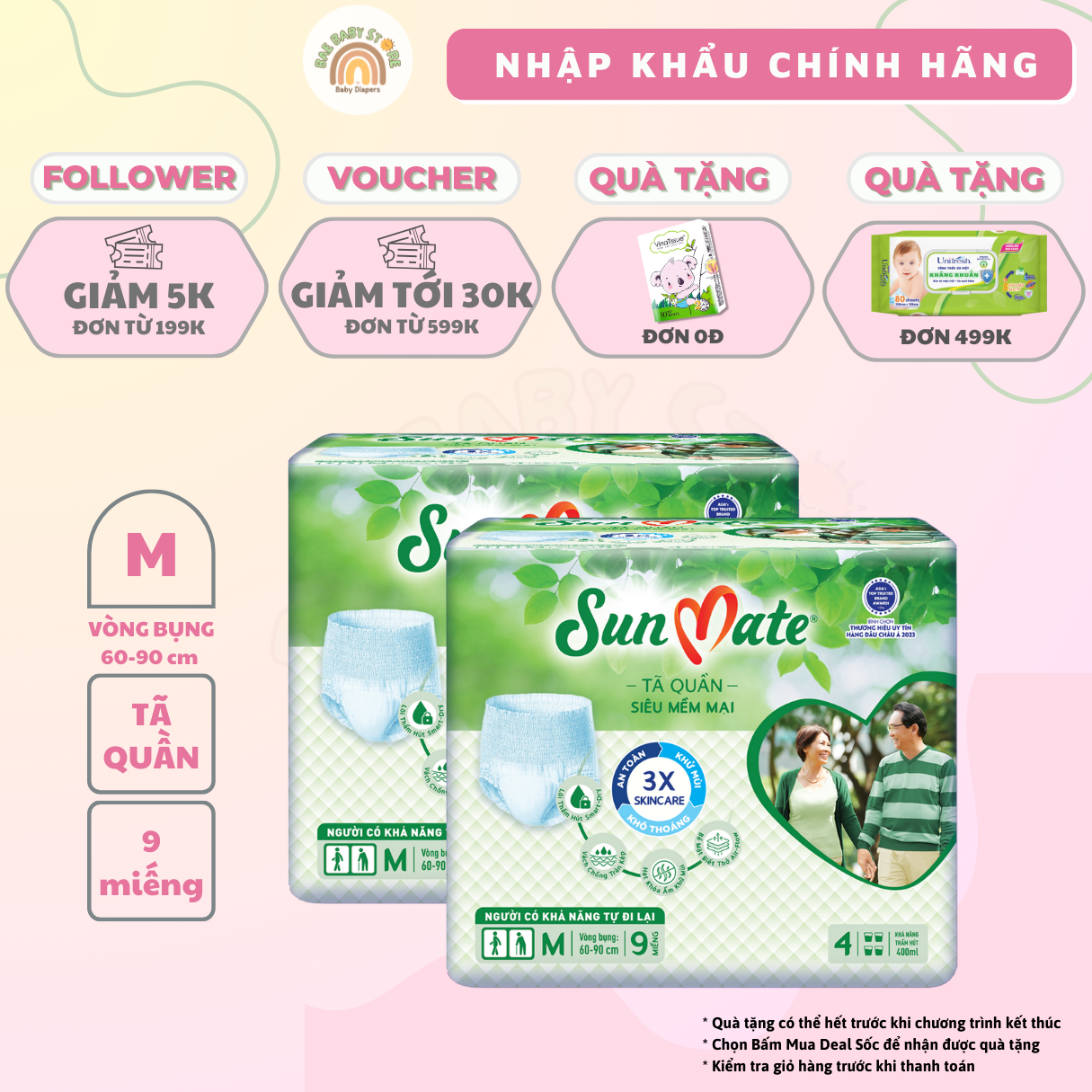 Combo 2 - Combo 2 - Tã quần người lớn SunMate siêu mềm mại mới size M18/L16/XL14 + 2 miếng - L16+2