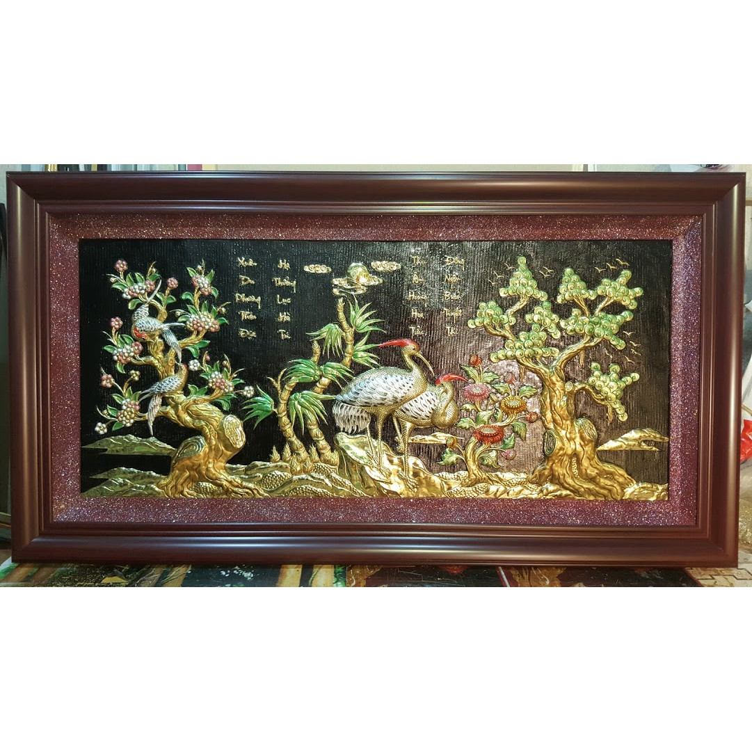 Tranh đồng vàng nguyên chất liền tấm-Song Tùng Bát Hạc-Phú Quý Cát Tường-A054