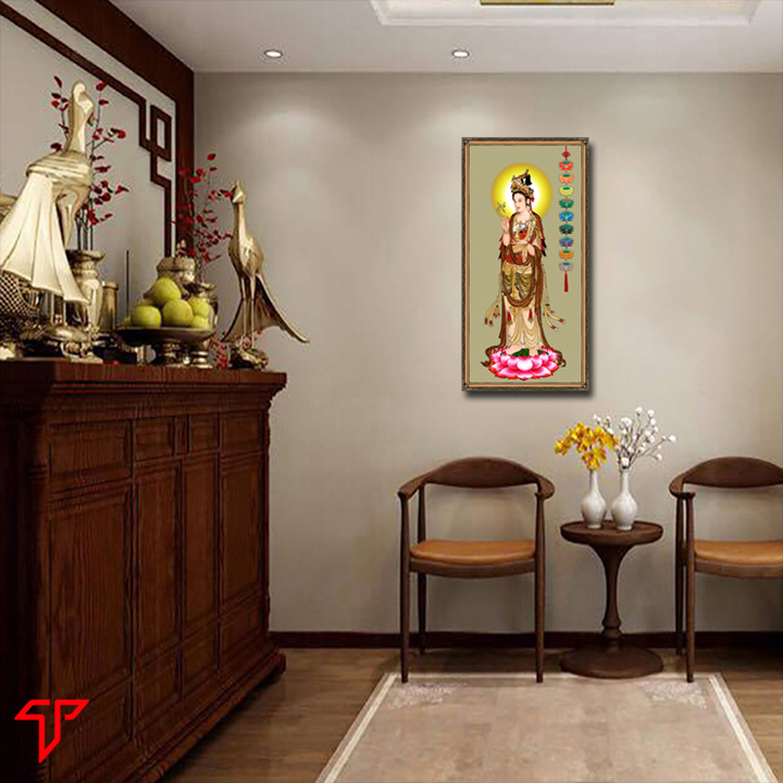 Tranh phật giáo trang trí nhà cửa, phòng thờ mẫu mẹ quan âm đứng trên tọa sen, Tranh Phật Giáo Quan Âm Bồ Tát 2378