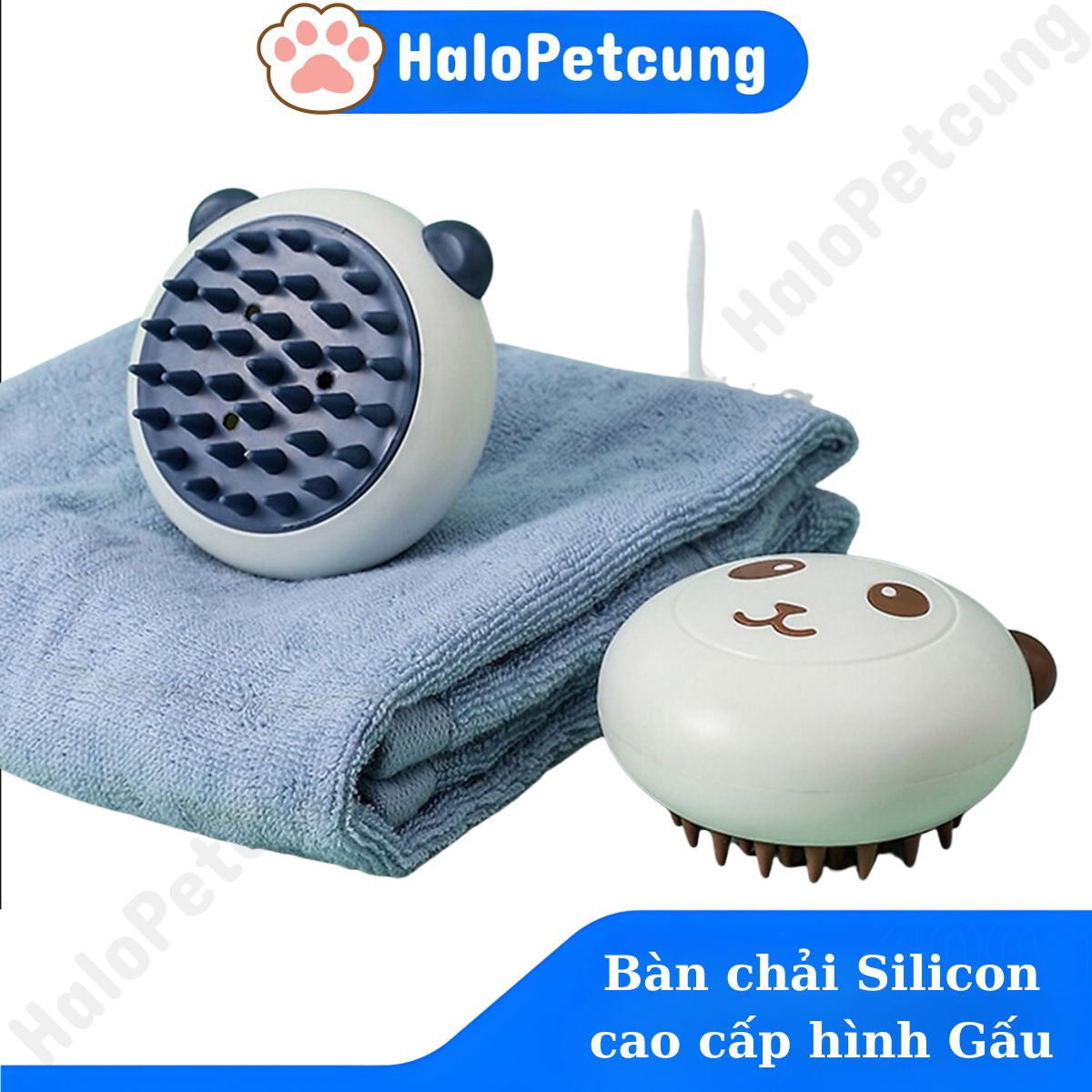 Bàn Chải Silicon Cao Cấp Tắm Gội Chải Lông Massage Cho Chó Mèo Có Chỗ Đựng Sữa Tắm Hình Gấu Siêu Dễ Thương