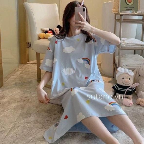 Váy xuông nữ dài cộc tay in hình 3D dễ thương mặc nhà-đi chơi-đi biển chất cotton thoáng mát V587 coco land chất