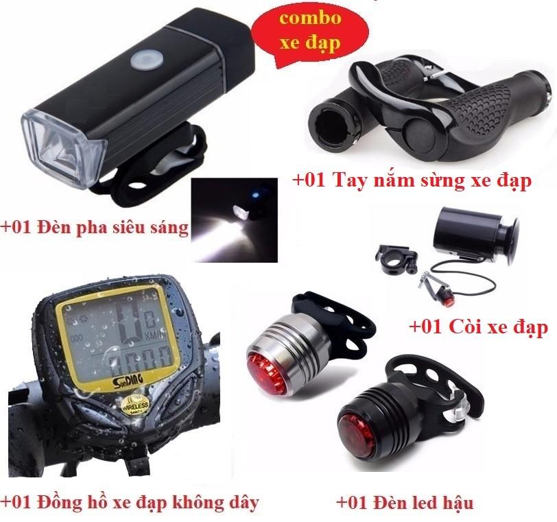 Combo đủ phụ kiện cho xe đạp gồm 5 sản phẩm Đèn, còi, đồng hồ, sừng, đèn hậu