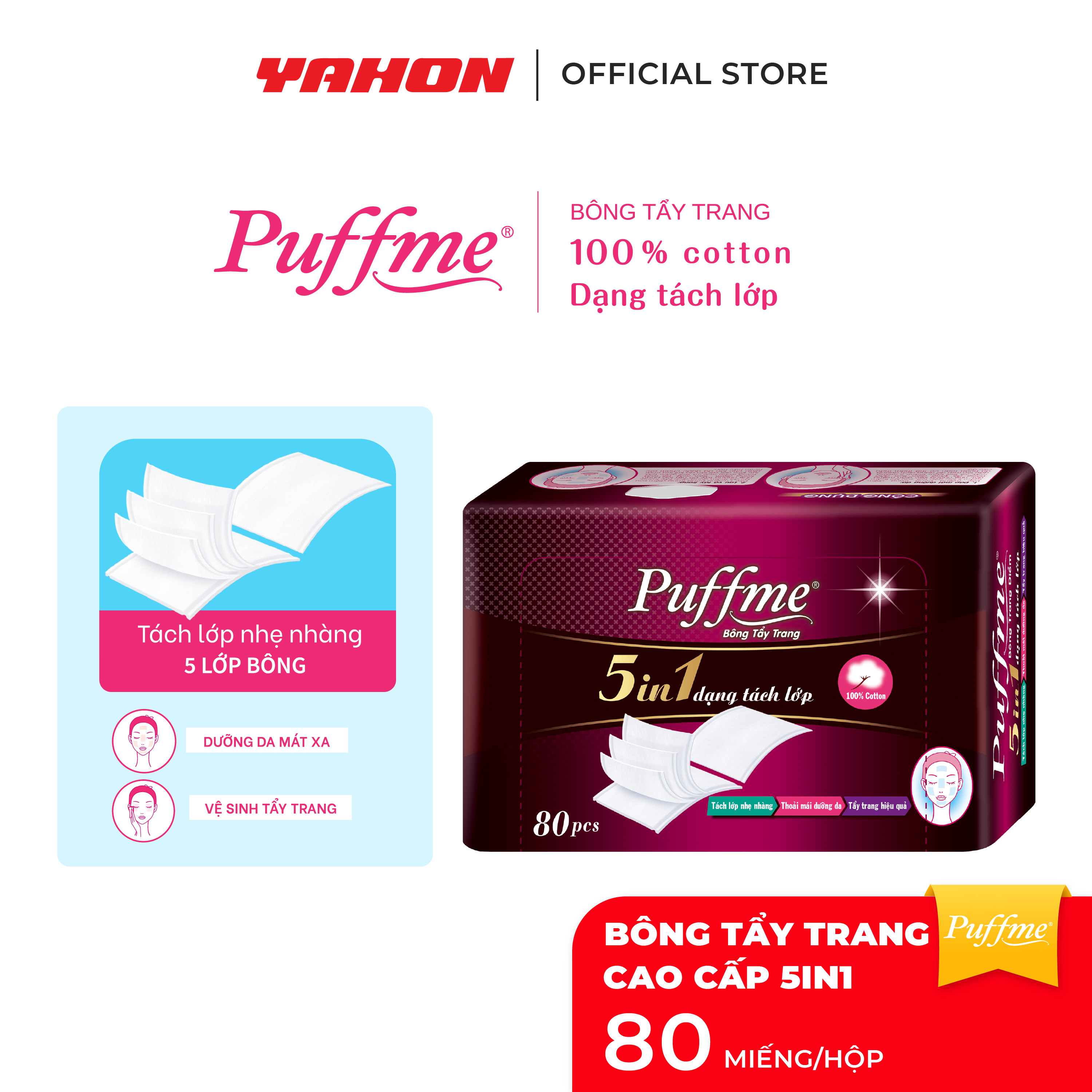 Bông Tẩy Trang PUFFME 5in1 5 Lớp Cao Cấp, 80 Miếng/Hộp