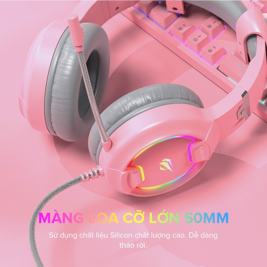 Tai Nghe Gaming Mèo HAVIT H2233D, Màu Pink Taboo, Driver 50mm, Đèn RGB, Mic Khử Ồn - Hàng Chính Hãng