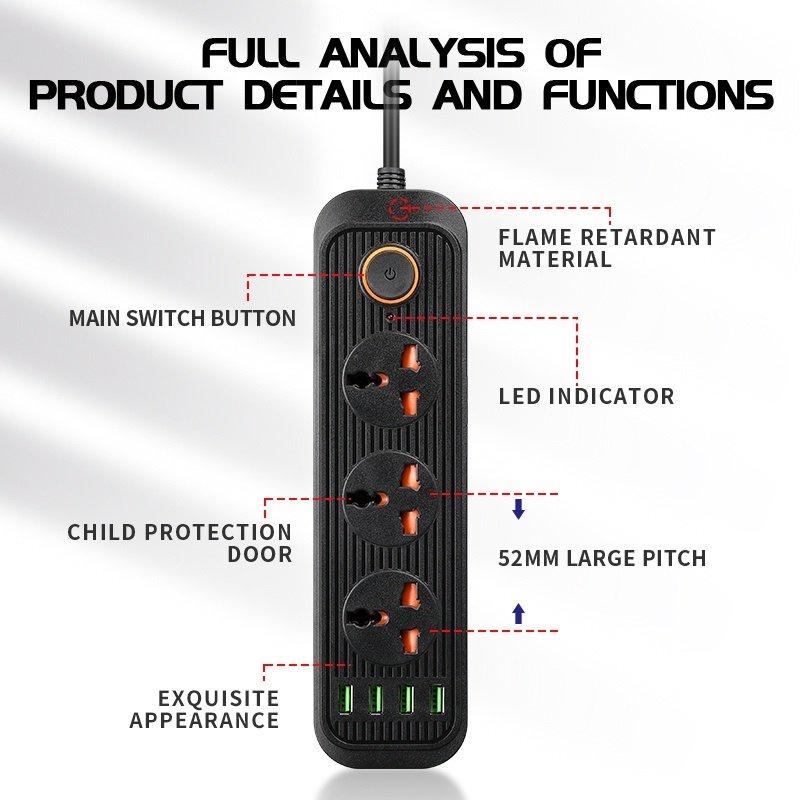 Ổ cắm điện thông minh 4 USB sạc nhanh, 4 chấu cắm điện chống giật, An toàn tiêu chuẩn EU