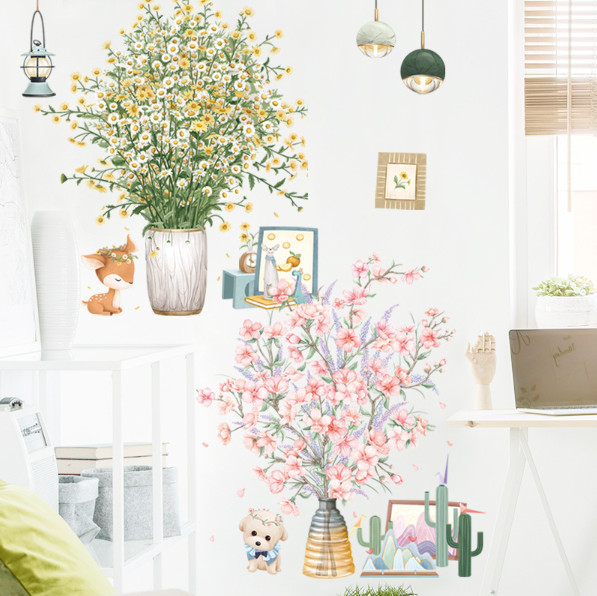 Decal trang trí tường - Hoa cúc trắng vàng và hoa hồng nhạt
