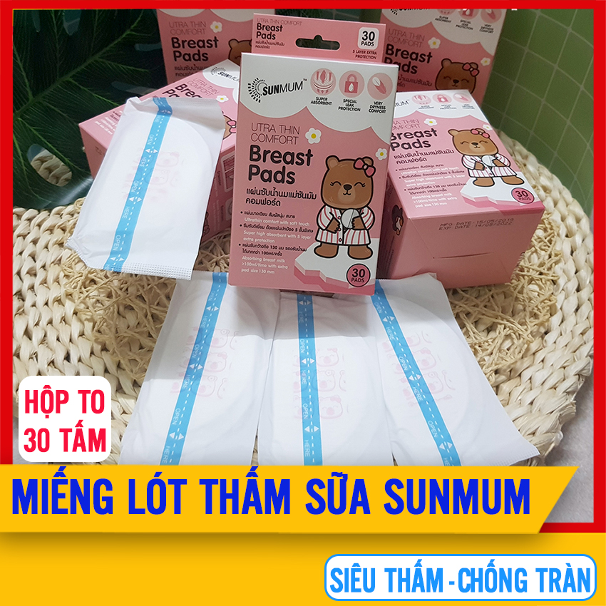 Miếng Lót Thâm Sữa Sunmum Thái Lan - Hộp To 30 Miếng Dày Dặn, Thấm Hút Sữa Nhanh Chóng - Chống Khuẩn, Tiệt Trùng Sạch Sẽ, Tấm Lót Thấm Sữa Mẹ