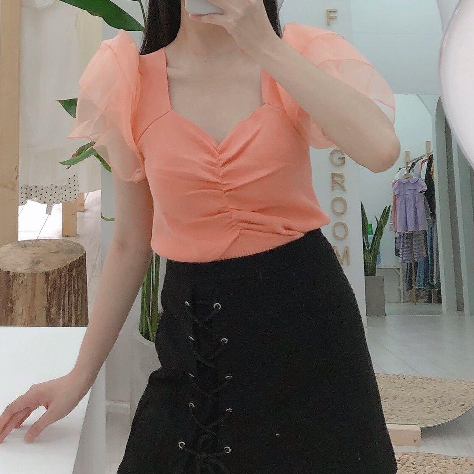 ÁO CROPTOP KIỂU TAY NGẮN PHỐI VOAN- Freesize