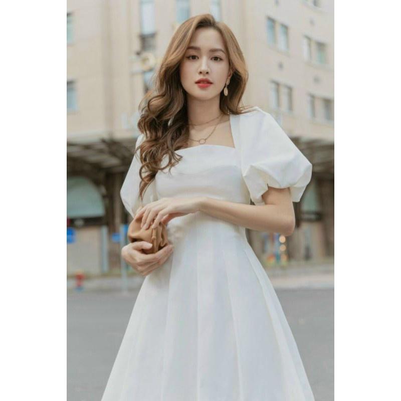 Đầm Xòe Dạo Phố Cổ Vuông Tay Phồng Chít Eo BY8374