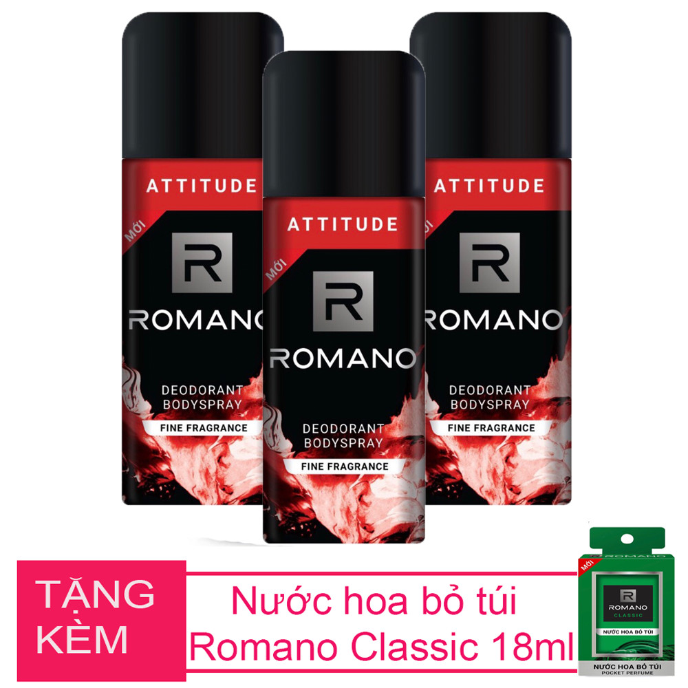 Bộ 3 chai xịt khử mùi  Romano Attitude 150ml +Tặng kèm nước hoa bỏ túi Romano 18ml (Màu ngẫu nhiên)