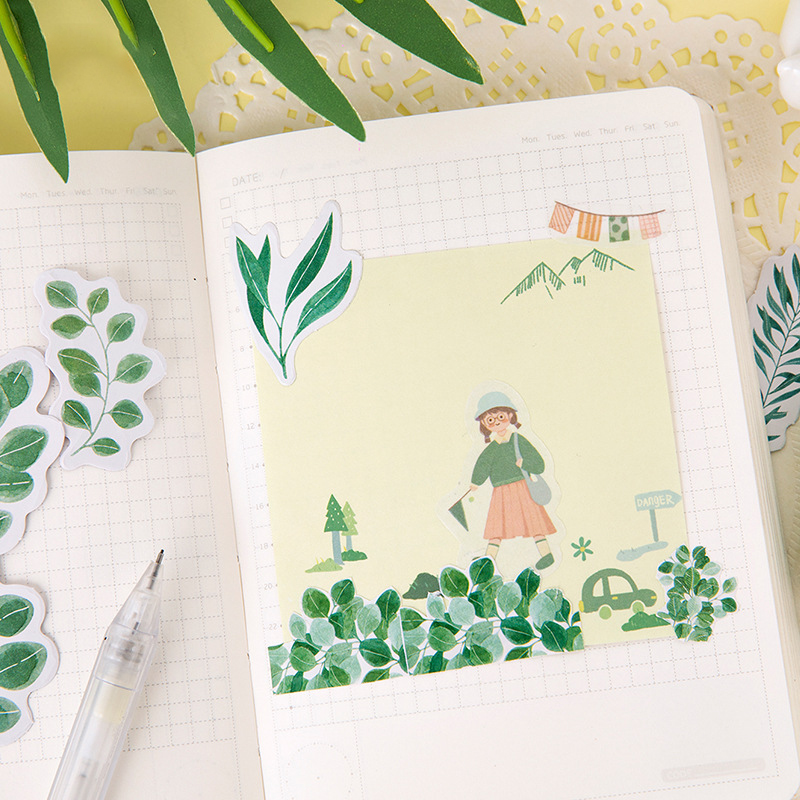 Sticker hộp 45 miếng dán - Lá Xanh - Hộp nhãn dán trang trí sổ tay bullet journal - M295