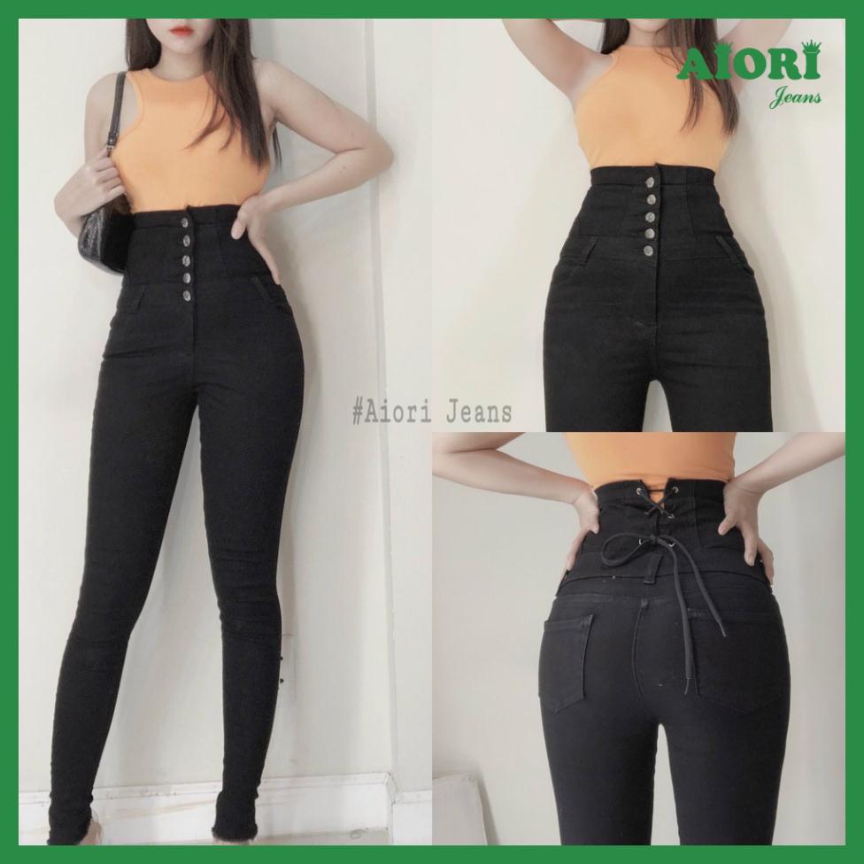 Quần Jean Nữ Aiori Lưng Cao Skinny Jeans 5 Nút Cạp Cao Thắt Dây Siết Eo Quần Bò Nữ Dáng Ôm Dài Phong Cách Thời Trang