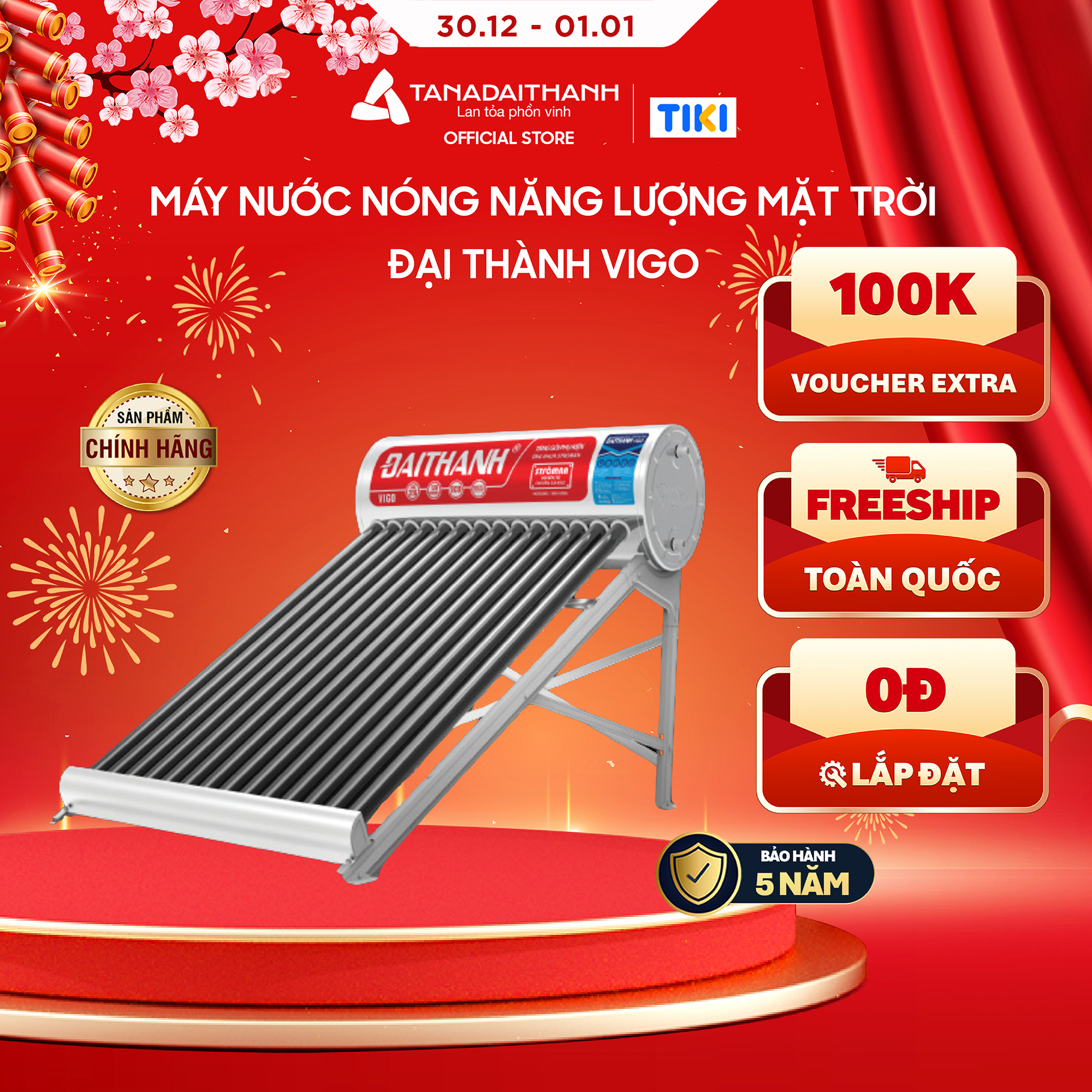 Máy nước nóng Năng lượng mặt trời Đại Thành Vigo 130L 160L 180L Chính hãng, Chỉ bán khu vực miền Nam, Bảo hành 7 năm