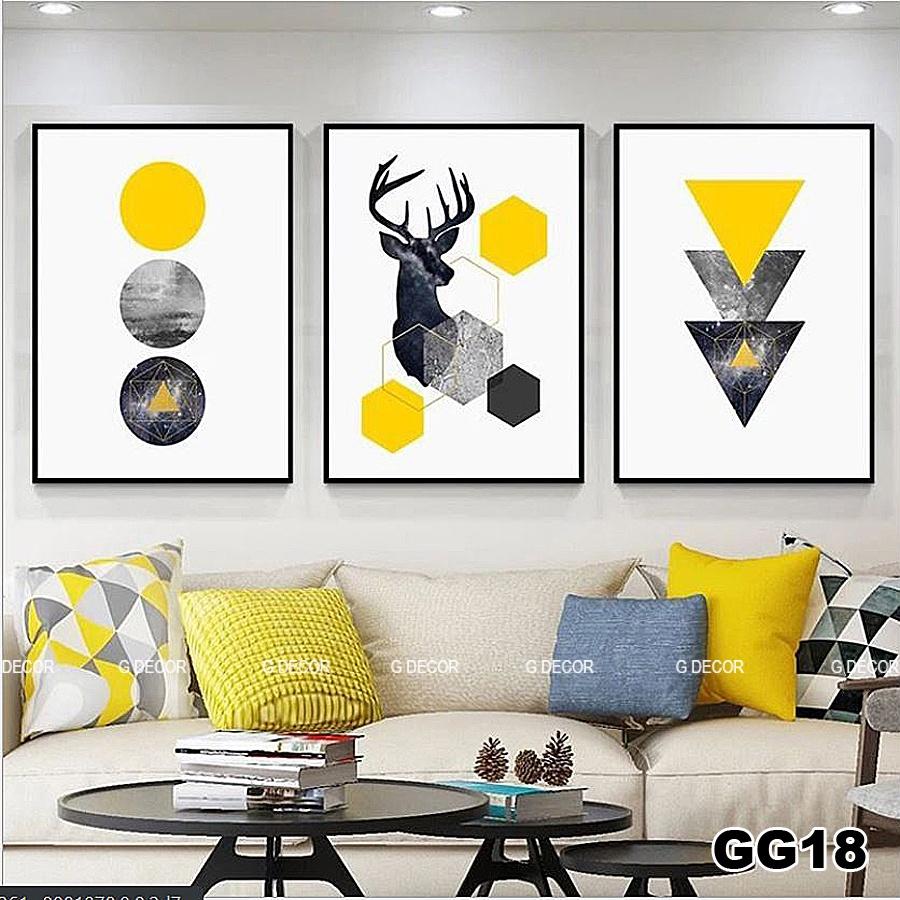 Tranh treo tường canvas khung gỗ 3 bức phong cách hiện đại Bắc Âu tranh hươu trang trí phòng khách phòng ngủ spa 138