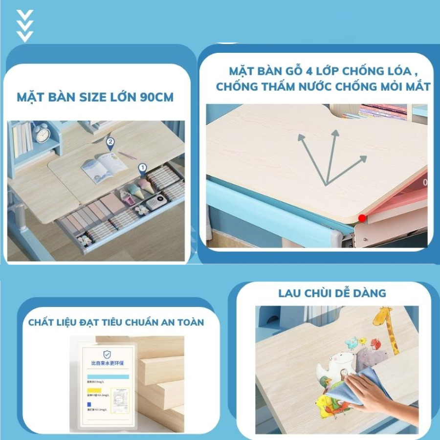 Bộ bàn học chống gù F04, Bàn học cho bé kèm giá sách vòm, Thiết kế mới, Kích thước lớn 90cm