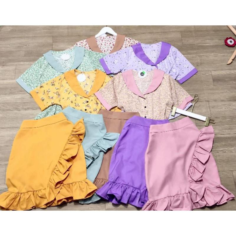 Sét áo hoa cổ viền phối chân váy bèo Cao Cấp