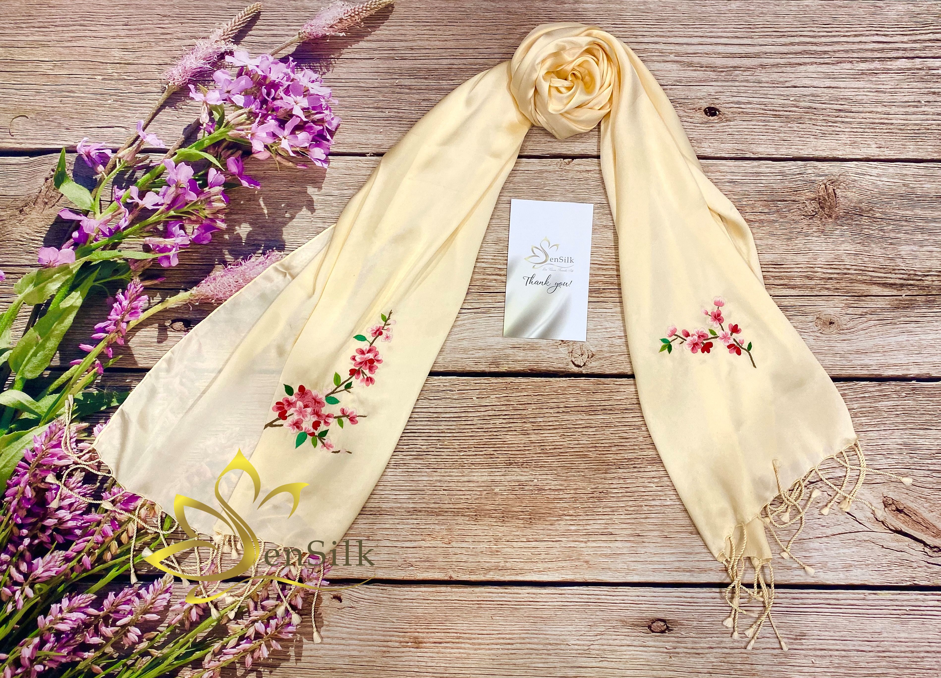 SenSilk Hand Embroidery Silk 200x55cm - Khăn Lụa Thêu Tay Thời Trang Hoa Đào, Lụa Việt Thêu Thủ Công, Tơ Lụa Việt Nam