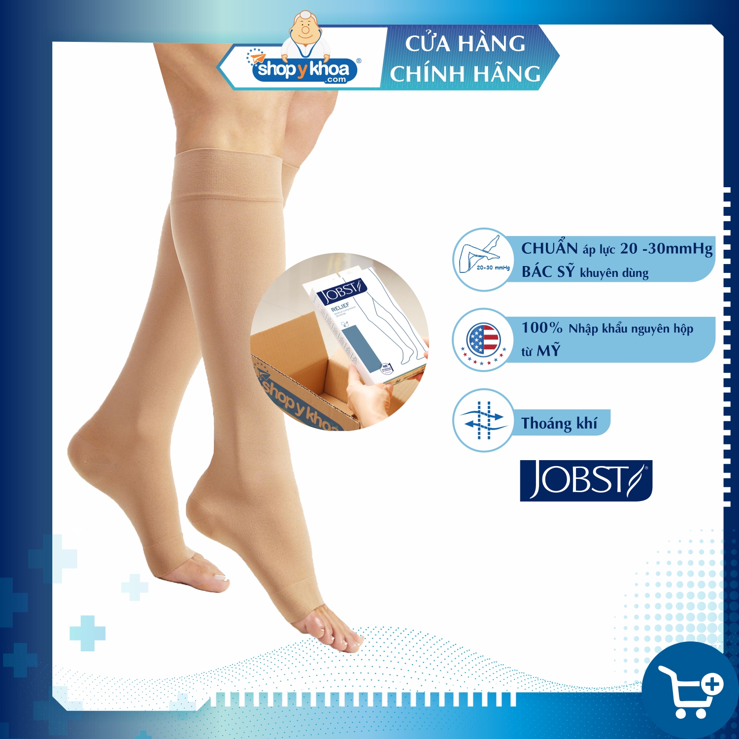 Vớ y khoa gối Hỗ Trợ Điều Trị suy giãn tĩnh mạch chân JOBST Relief chuẩn áp lực 20-30mmHg (màu da, hở ngón) (tất y khoa)