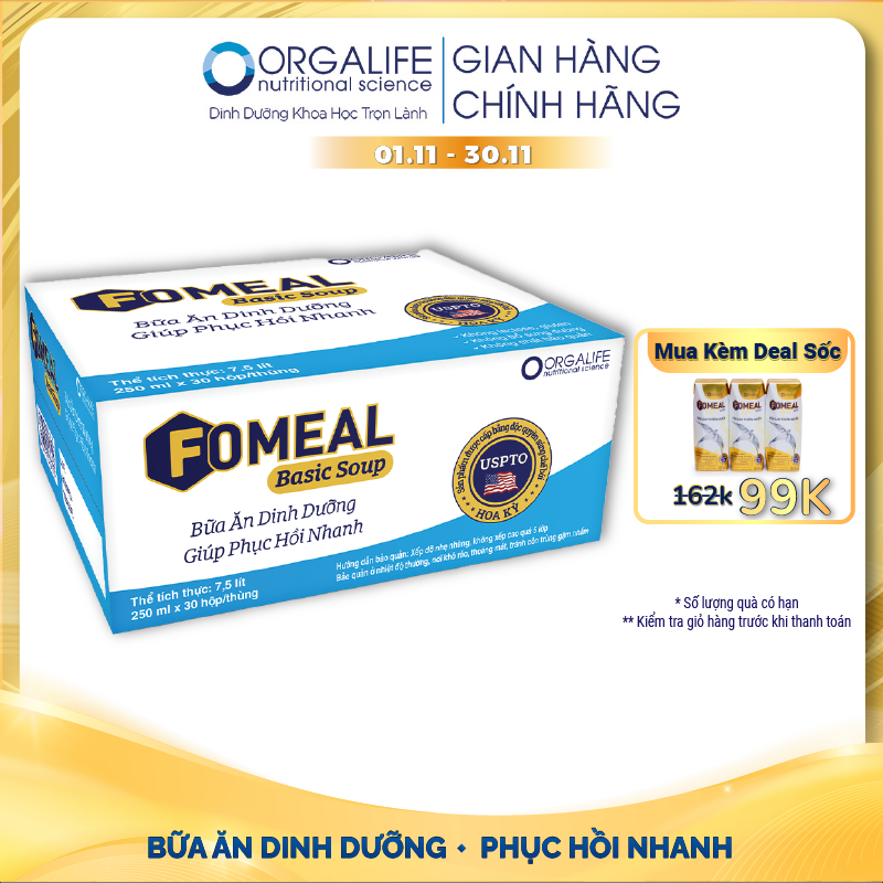 Thùng 30 hộp thực phẩm dinh dưỡng Fomeal Basic Soup 250ml/hộp - Bữa ăn thay thế, giúp người bệnh phục hồi nhanh chóng