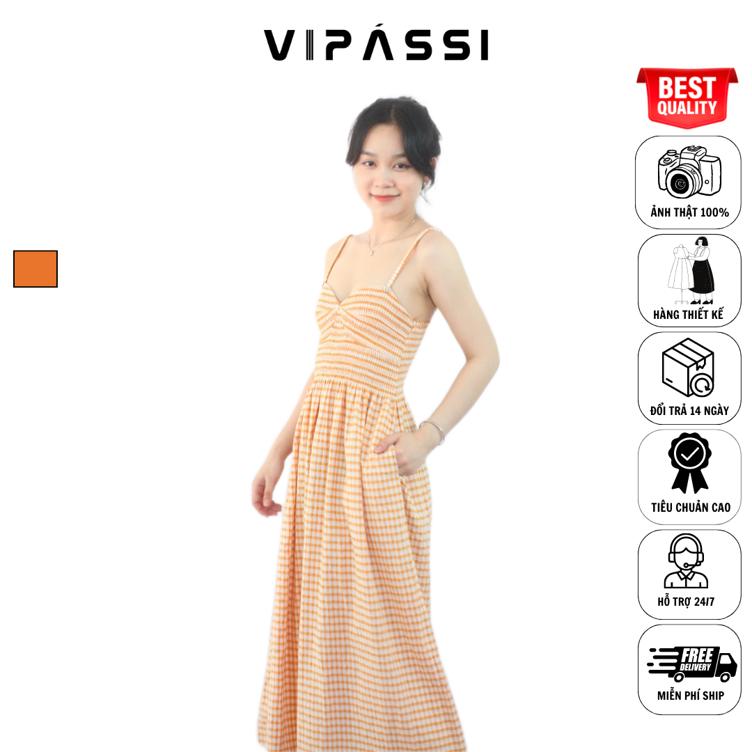 VIPÁSSI- Đầm Hai Dây Ca Rô Cam Có Túi Ôm Body