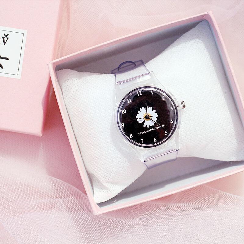 Đồng hồ thời trang nam nữ dây nhựa trong mặt hoa cúc TH652