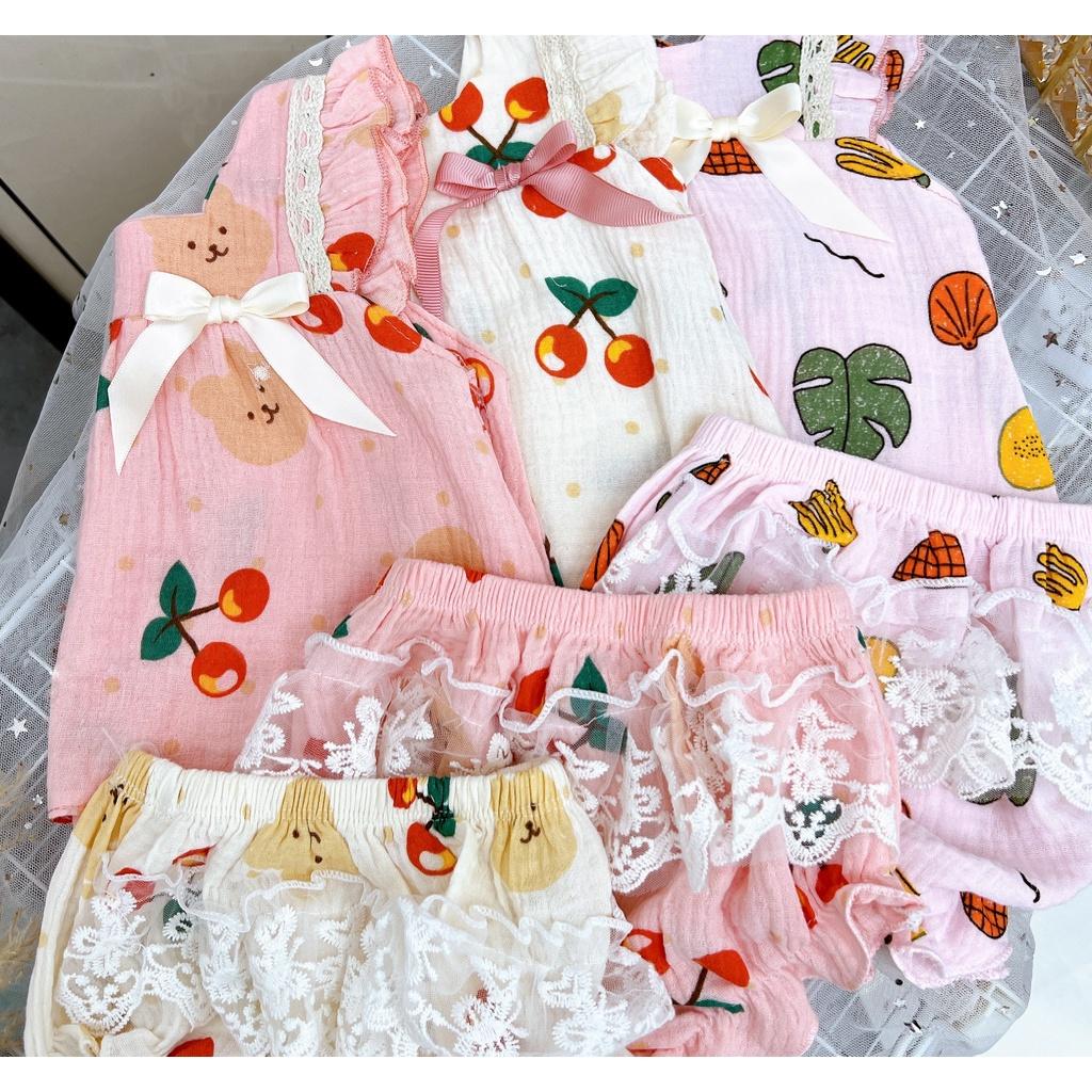 Set Bộ Bé Gái Đáng Yêu Xô Muslin Hàn Kèm Turban Xinh Xắn