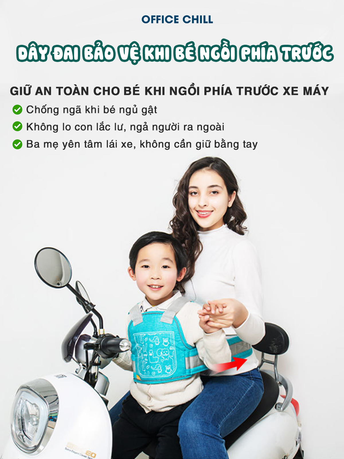 Đai An Toàn Cho Bé Đi Xe Máy OFFICE CHILL Bảo Vệ Bé Ngồi Trước Hoặc Sau Phù Hợp Từ 1 Đến 10 Tuổi