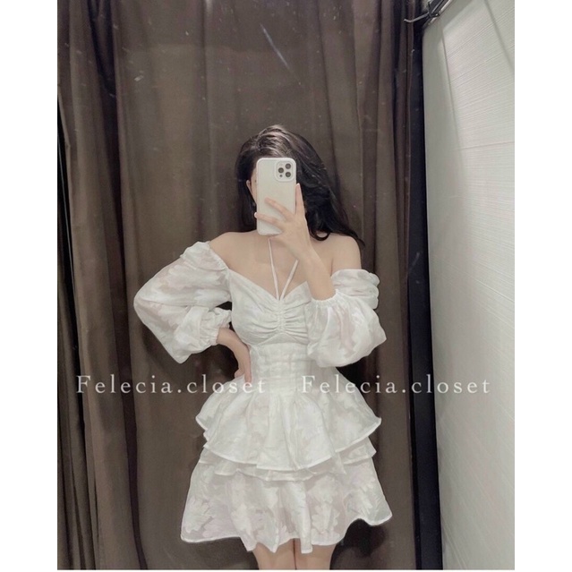 ĐẦM DỰ TIỆC TAY DÀI RÚT DÂY CỔ YẾM KHOÉT EO - HẬU NGUYỄN STORE
