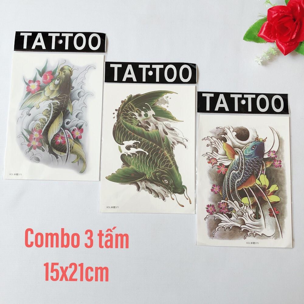 Combo 3 tấm hình xăm dán tattoo cao cấp 15X21cm CÁ CHÉP XANH TUYỆT ĐẸP XDL375
