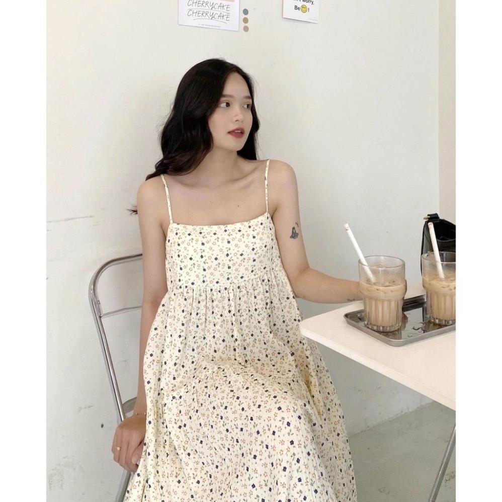 Váy 2 Dây Hoa Nhí Vàng Nữ, Đầm Bánh Bèo Dáng Suông, Váy Hoa Vintage Màu VÀNG