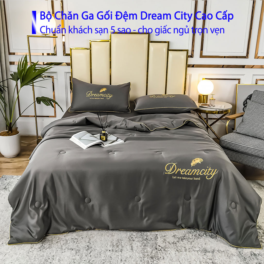 Bộ Chăn Ga Gối Đệm 5 Món Phi Cotton Lụa Tencel Dream City Cao Cấp Chuẩn Khách Sạn 5 Sao Drap Ra Ga Nệm Trải Giường Dễ Thương Cute