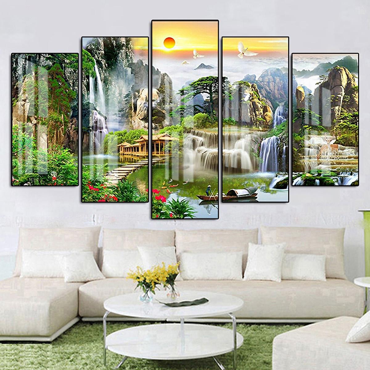 Tranh Tráng Gương Pha Lê Treo Tường Hiện Đại _ Tranh Bộ 5 Phong Cảnh Sơn Thủy Đẹp
