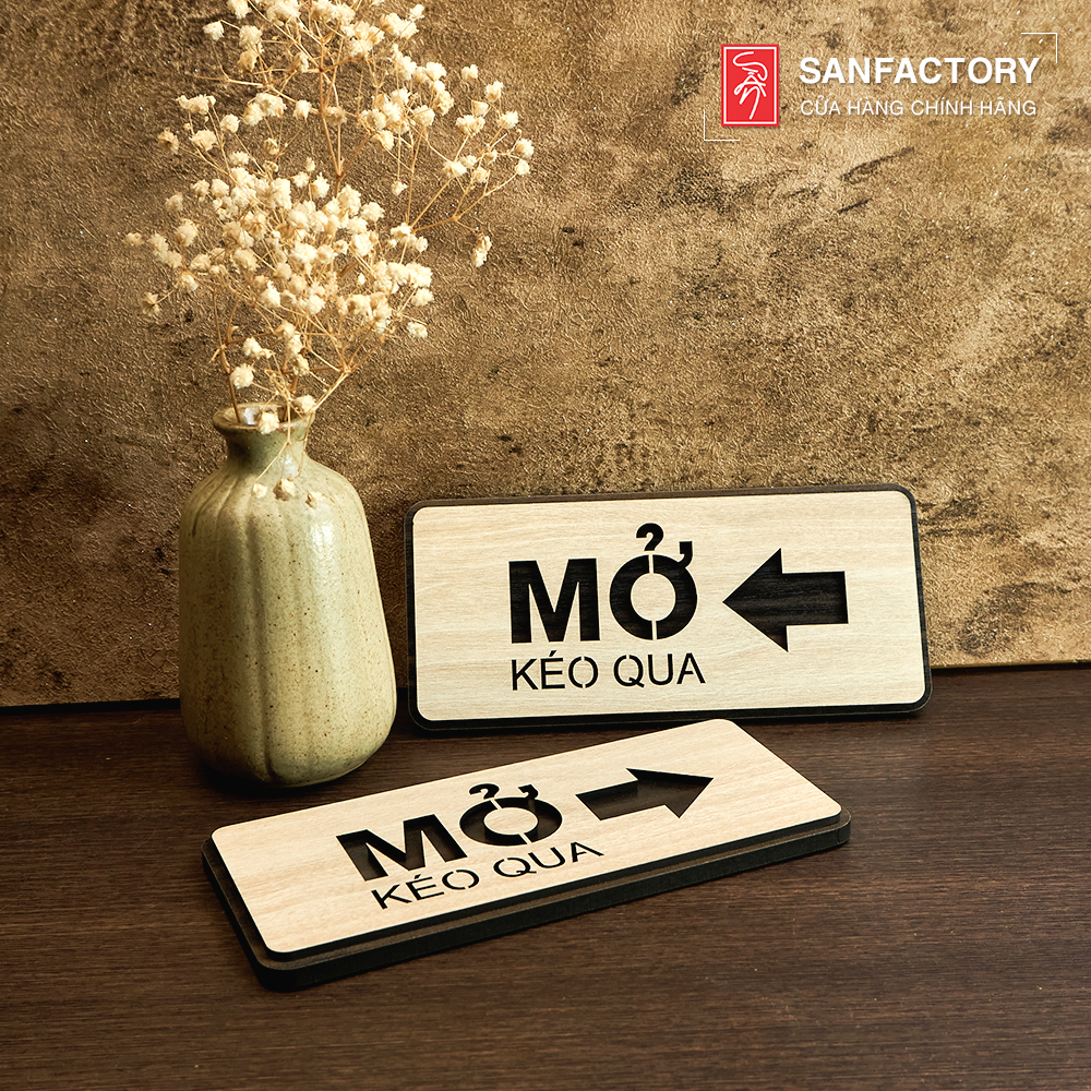 Bảng gỗ Mở cửa chỉ dẫn kéo cửa qua trái phải loại dán có sẵn keo