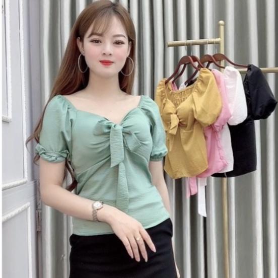 Áo bánh bèo cổ tim có nơ. hất liệu đũi, mềm, min, mát, không nhăn, size 40-60kg, mặc đi làm, đi chơi đều xinh