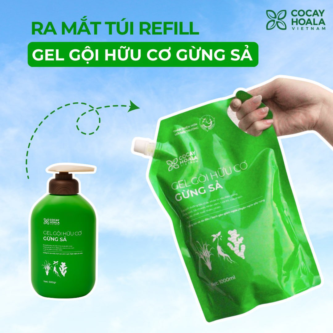 Dầu Gội Thảo Dược Hữu Cơ Cỏ Cây Hoa Lá Gừng Sả Kích Mọc Tóc, Ngăn Tóc Bết Dầu Túi Refill 1000gr