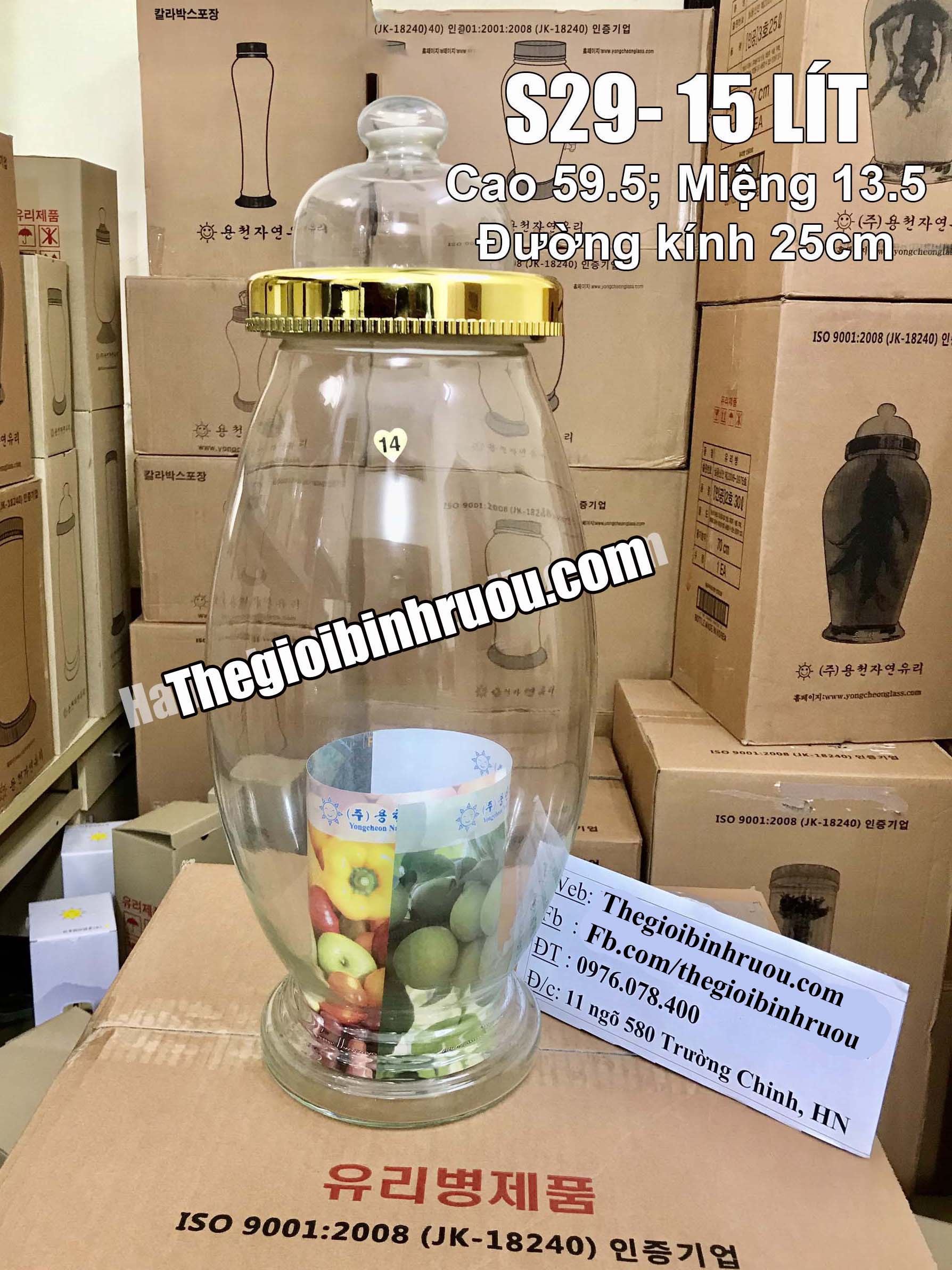 Bình Thủy Tinh Ngâm Rượu Hàn Quốc 15L - Bình Bầu Có núm