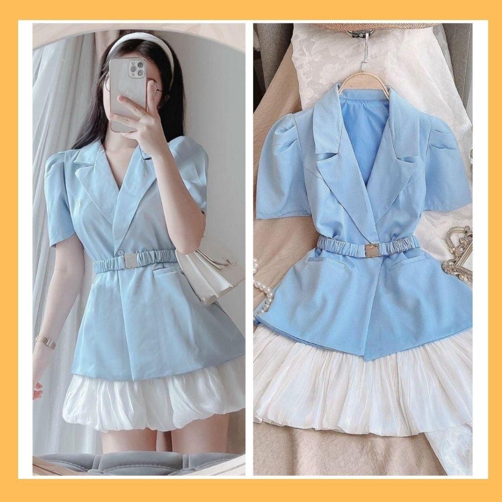 Set vest blazer kèm chân váy thiết kế thanh lịch, đủ size màu xanh dương kèm dây nịch thời trang SANMAY