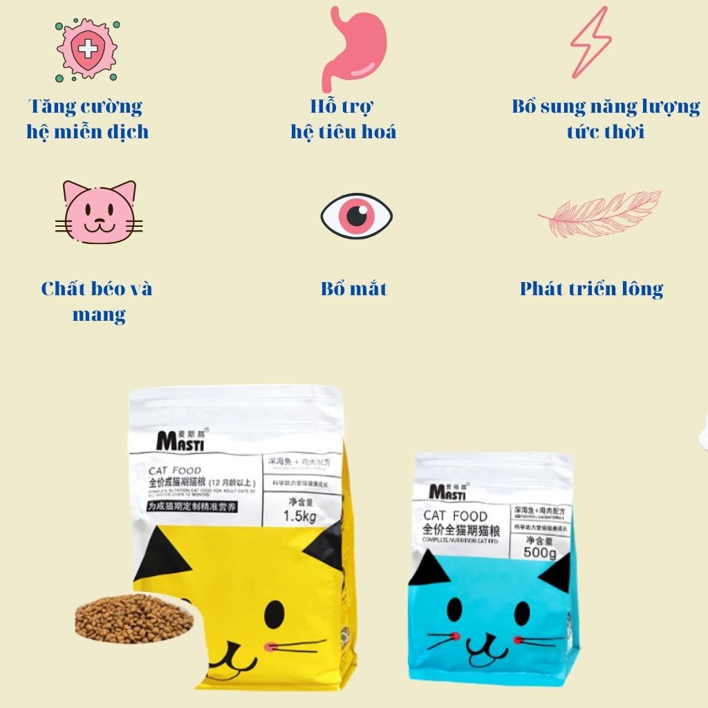 Thức ăn Hạt MASTI chứa tới 28% Đạm động vật dành cho mèo - gói 500g/1,5kg
