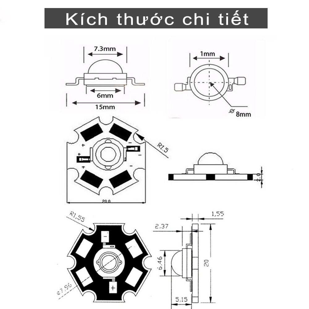 Chip Led, Bóng Led 3V-3.7V (1W - 3W - 5W) đã hàn sãn đế tản nhiệt 20mm