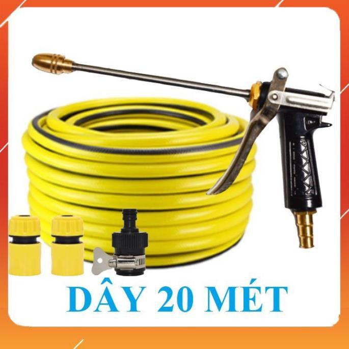 Bộ dây vòi xịt nước rửa xe, tưới cây . tăng áp 3 lần, loại 20m 206318 đầu đồng, cút, nối đen