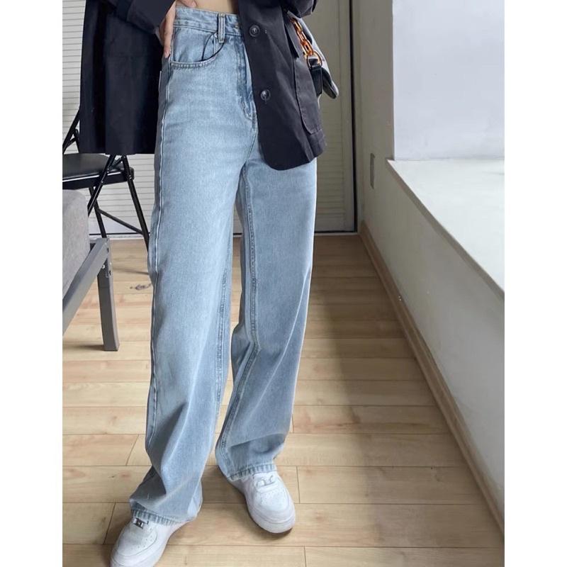 Quần Jean Ống Rộng Retro Xanh Nhạt Lưng Cao Cá Tính