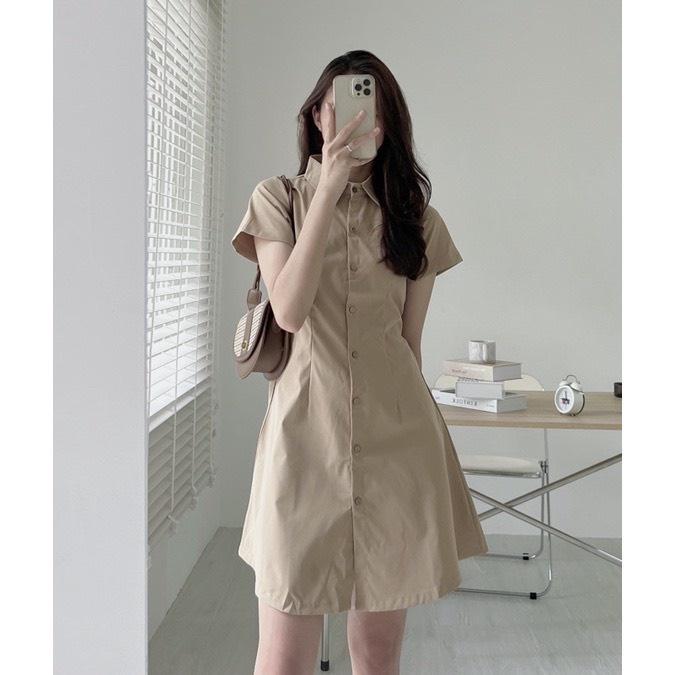 Đầm váy nữ basic cổ sơ mi cài cúc chiết eo lưng chun nhiều màu thời trang Banamo fashion váy nữ cộc tay nhiều màu 5915