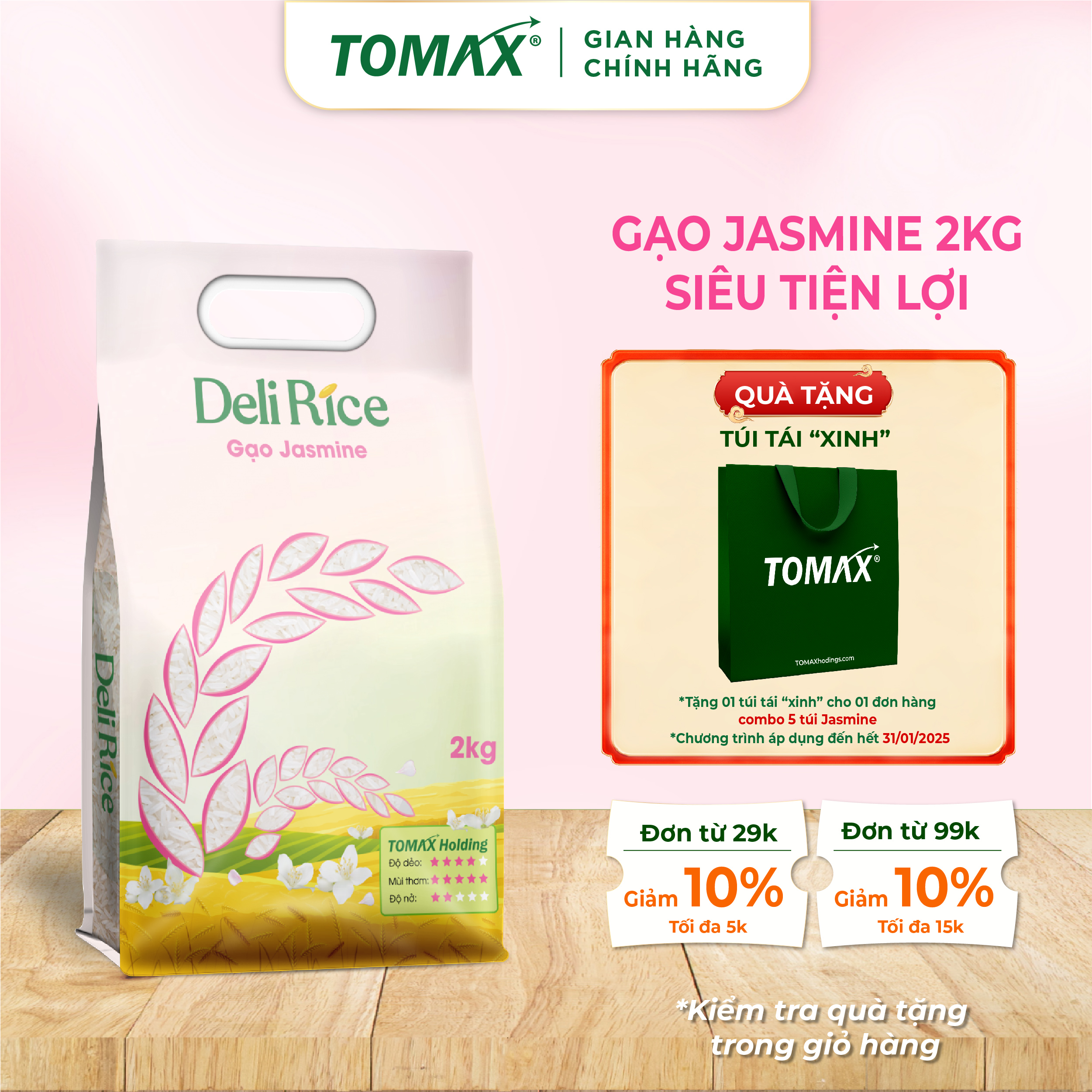 Gạo Jasmine thơm dẻo mềm 2kg TOMAX, Tơi xốp, ngọt thơm