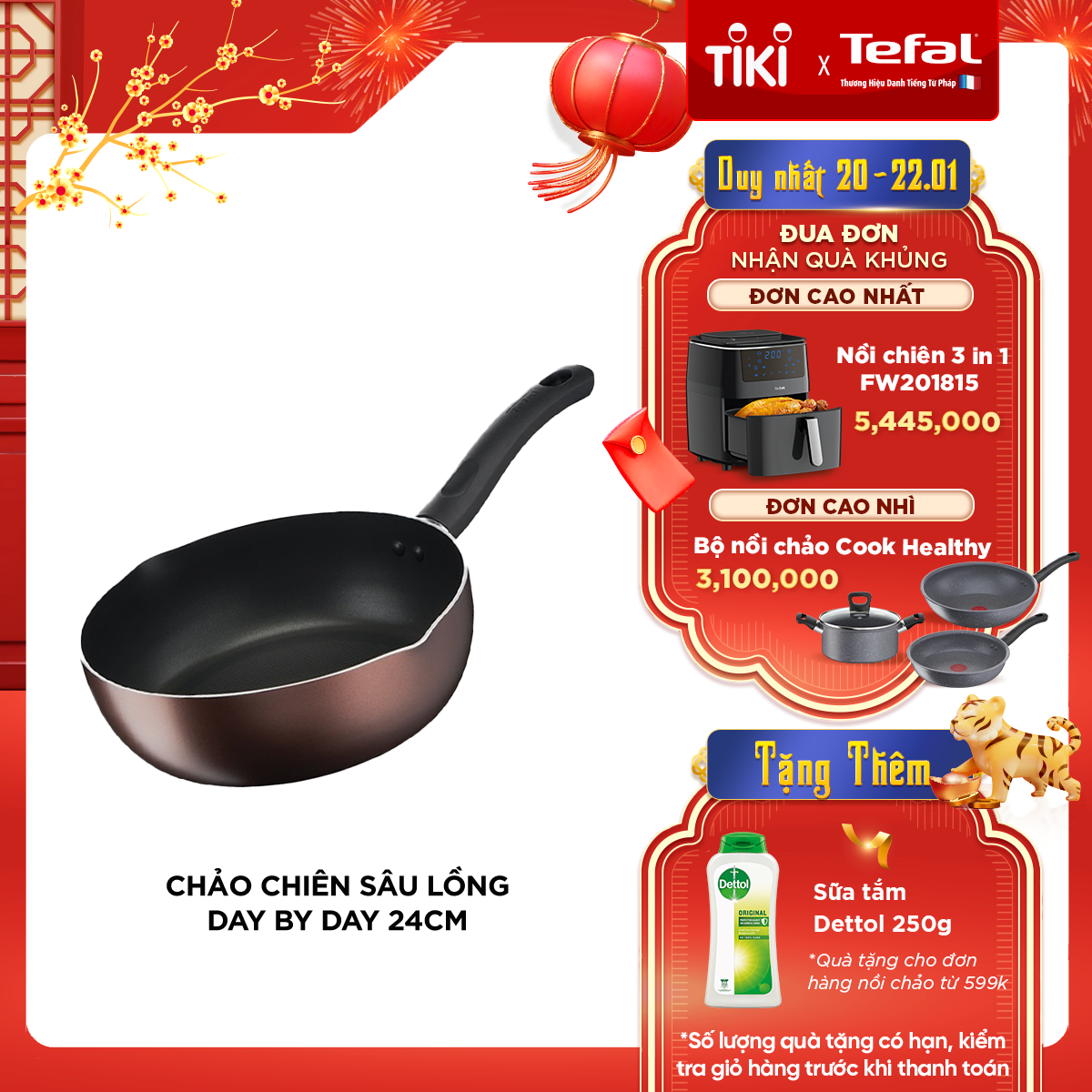 Chảo chiên sâu lòng Tefal Day By Day G1436405 24cm - Chống dính đáy từ - Dùng cho mọi loại bếp - Báo nhiệt thông minh - Hàng chính hãng